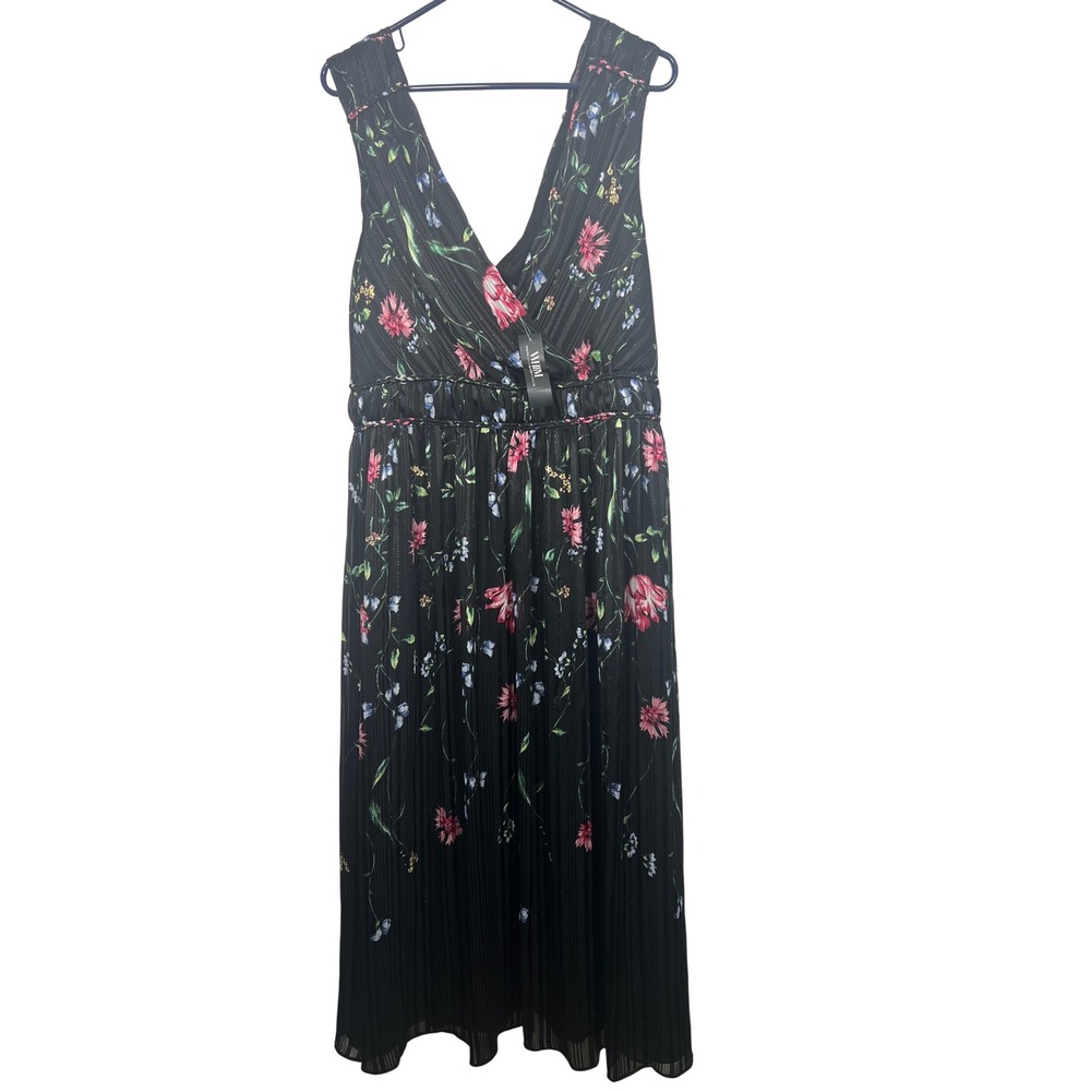 White House Black Market Floral Pleated Braided Waist Midi Dress Black 12‎ NEW